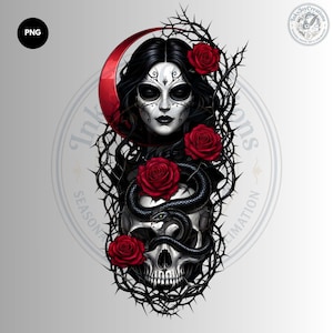May include: A digital graphic design featuring a person with black hair and white face paint, a red crescent moon, a human skull, a black snake coiled around the skull, red roses, and a frame of black thorny vines on a light gray background.
