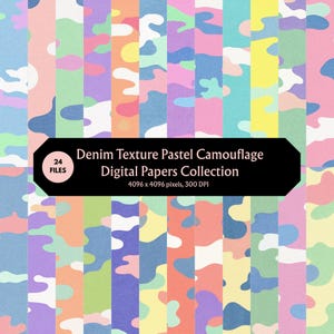 May include: A collection of 24 digital papers featuring a pastel camouflage pattern with a denim texture. The image includes a black label with the text: Denim Texture Pastel Camouflage Digital Papers Collection, 24 FILES, 4096 x 4096 pixels, 300 DPI.