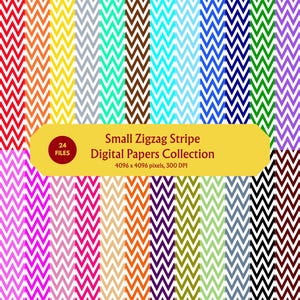 Puede incluir: Una colección de veinticuatro papeles digitales con pequeñas rayas verticales en zigzag en una variedad de colores que incluyen rojo, naranja, amarillo, gris, turquesa, marrón, azul, verde, morado, rosa y negro, con el texto Small Zigzag Stripe Digital Papers Collection 4096 x 4096 pixels, 300 DPI.