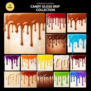 Paquete PNG de gotas de brillo de caramelo (15 diseños) Gotas de jarabe y glaseado dulce, imágenes prediseñadas de líquido brillante, PNG de sublimación