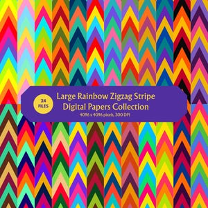 Puede incluir: Una colección de papel digital con un patrón repetitivo de rayas en zigzag de arcoíris en varios colores vibrantes. Una etiqueta rectangular morada en el centro muestra el texto: 24 FILES, Large Rainbow Zigzag Stripe Digital Papers Collection, 4096 x 4096 pixels, 300 DPI.