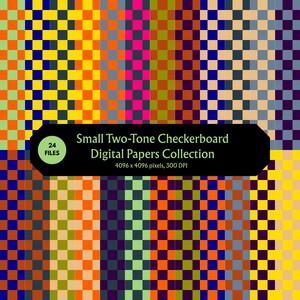 Small Two-Tone Checkerboard Digital Paper Bundle, Minimalist Retro Grid Backgrounds, 24 PNG Patterns for Scrapbooking & Design