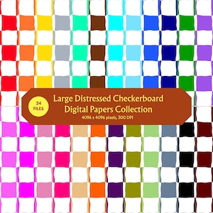 Könnte beinhalten: Eine digitale Sammlung großer, abgenutzter Schachbrettmuster in verschiedenen Farben, mit einem braunen Banner und dem Text: 24 FILES, Large Distressed Checkerboard Digital Papers Collection, 4096 x 4096 pixels, 300 DPI.