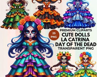 May include: A collection of six colorful La Catrina doll cliparts. Each doll features a detailed sugar skull face, elaborate dresses, and floral headpieces. The image includes the text "Premium Cliparts Cute Dolls La Catrina Day of the Dead Transparent PNG".
