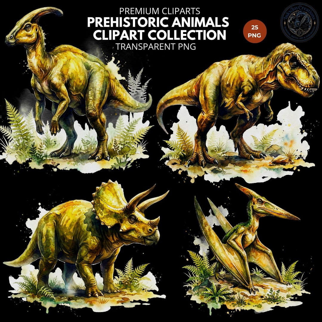 Prehistoric Animals Clipart Bundle – 25 Watercolor Dinosaurs PNG ...