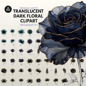Pacote de imagens PNG com flores escuras, gráficos de peônias góticas e elementos em aquarela (download digital)