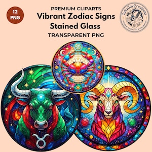 Bunt Glas Sternzeichen Clipart Bundle | Kosmische Transparente PNGs, 300 DPI (Digitaler Download)