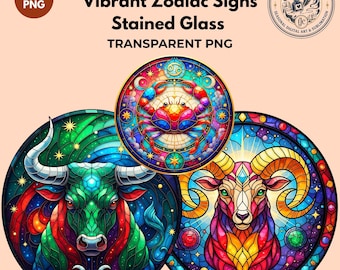 Stained Glass Zodiac Sign Clipart Bundle | Cosmic Transparent PNGs, 300 DPI (Digital Download)