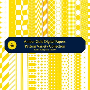 Peut inclure: Une collection de papiers numériques présentant divers motifs géométriques jaunes et blancs, notamment des rayures, des chevrons, des pois et des hexagones. Une bannière bleu foncé affiche le texte Amber Gold Digital Papers Pattern Variety Collection 30 FILES 4096 x 4096 pixels, 300 DPI.