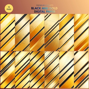 May include: A collection of digital papers with a black and gold diagonal stripe design. The papers have a metallic sheen and are labeled "Premium Cliparts" and "Black and Gold Digital Paper". The image also includes a circle with the number "12" and the word "Files".