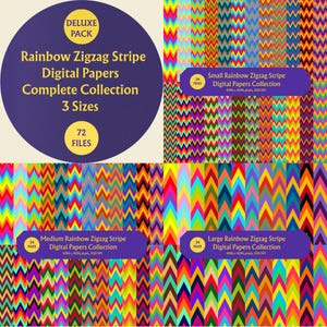 Puede incluir: Una colección de papel digital con rayas en zigzag de arcoíris en patrones pequeños, medianos y grandes. El conjunto incluye 72 archivos en 3 tamaños, con etiquetas de texto que indican 24 archivos por colección a 300 DPI de resolución.
