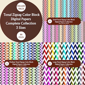 Pode incluir: Uma coleção de papel digital com um padrão de blocos de cores em ziguezague tonal em 66 arquivos em 3 tamanhos. O texto diz Deluxe Pack, Tonal Zigzag Color Block Digital Papers Complete Collection, 3 Sizes, 66 Files, e coleções Small, Medium e Large.