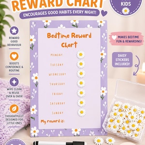 Op de afbeelding: Een paars en wit Bedtime Reward Chart met madeliefjesstickers. De kaart bevat de tekst "Bedtime Reward Chart" en "Encourages good habits every night!" Een whiteboardmarker en een doosje madeliefjesstickers zijn ook inbegrepen.
