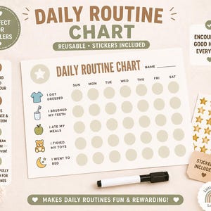 Op de afbeelding: Een dagelijkse routinekaart voor peuters, met de tekst "Daily Routine Chart" bovenaan. De kaart bevat vakken voor elke dag van de week, met pictogrammen voor aankleden, tandenpoetsen, eten, speelgoed opruimen en naar bed gaan. Inclusief stickers en een stift.