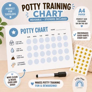 May include: A white potty training chart with blue accents, featuring a star-shaped design and the words "Potty Chart." Includes a dry-erase marker and a sheet of gold star stickers. The chart is designed for toddlers and is reusable.