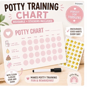 May include: A pink and white potty training chart with the words "Potty Training Chart" at the top. The chart includes a space for the child's name, a weekly calendar, and icons for potty-related activities. Includes gold star stickers and a dry-erase marker.