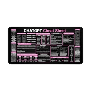 May include: A black desk mat featuring the text "ChatGPT Cheat Sheet" in white and pink. The mat is covered in information about ChatGPT, including prompts, tips, and tools. It's designed to help users learn and use ChatGPT effectively.