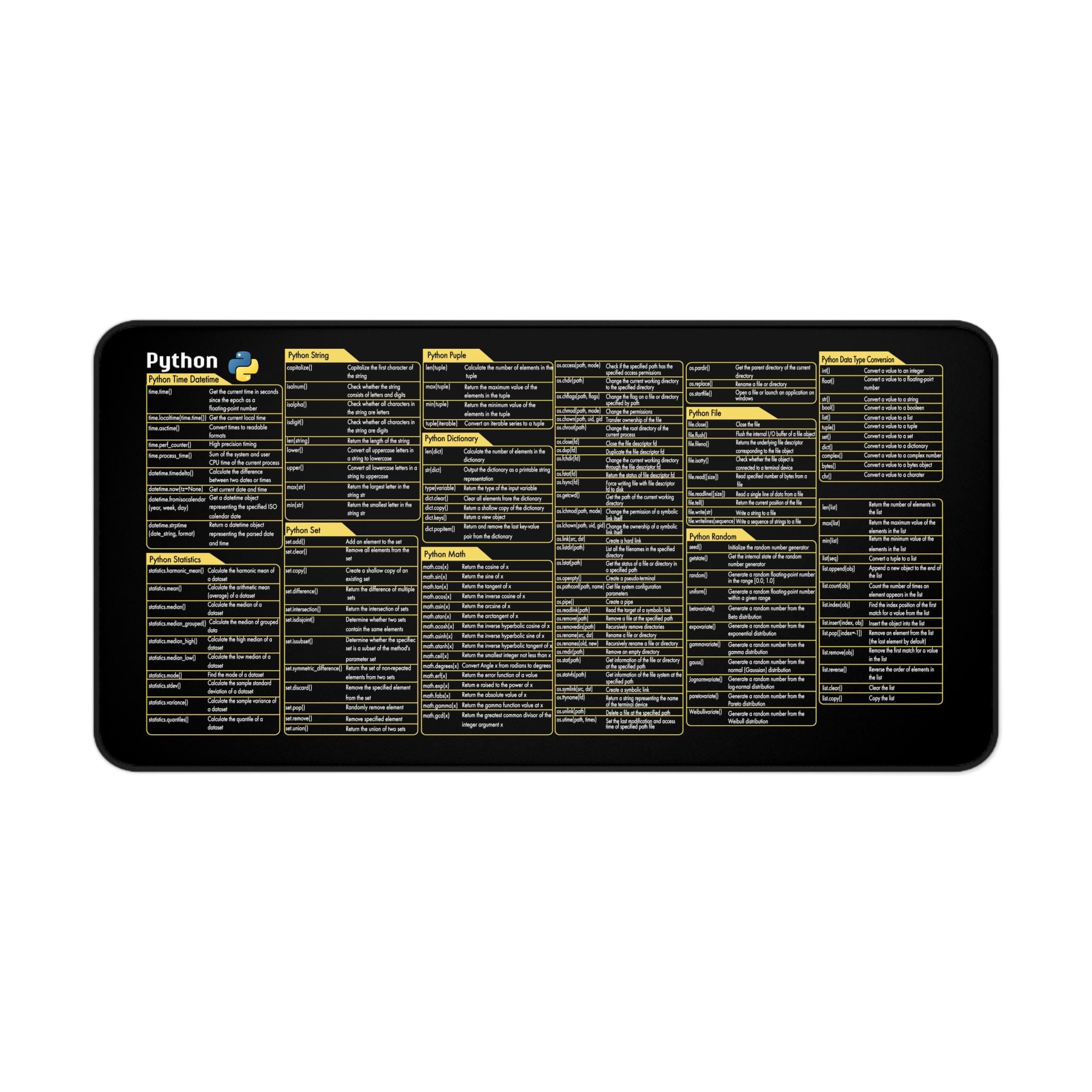 Python Cheat Sheet Desk Mat, Programmer Mouse Pad, Coding Shortcut ...