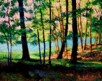 Morning Light Through the Trees – Original 8x10 Pastel Landscape, Matted and Framed to 14x11