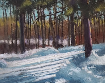 Winter Forest Pastel Painting, Original Landscape Art, Snowy Trees Artwork