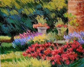 Sunlit Garden Terrace - original 11 x 14 framed pastel painting