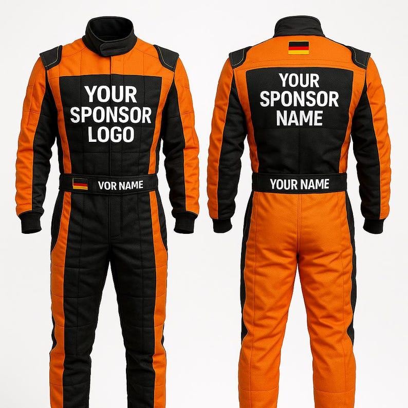 May include: Orange and black racing suit with the text "YOUR SPONSOR LOGO" on the front and "YOUR SPONSOR NAME" on the back. The suit has a black collar, cuffs, and side panels. The text "VOR NAME" and "YOUR NAME" are also visible.