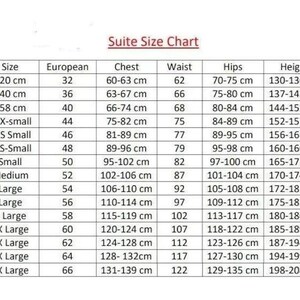 May include: A suite size chart with columns for size, European size, chest, waist, hips, and height. Measurements are in centimeters for chest, waist, hips, and height. The chart includes sizes from 120 cm to 139 cm.