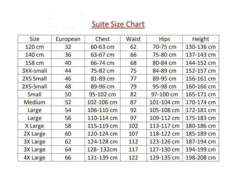 May include: A suite size chart with columns for size, European size, chest, waist, hips, and height. Measurements are in centimeters for chest, waist, hips, and height. The chart includes sizes from 120 cm to 139 cm.