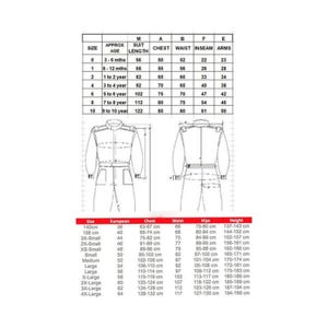 May include: A detailed chart with measurements for racing suits. The chart includes sizes, approximate ages, suit lengths, chest, waist, inseam, and arm measurements in inches. Also includes European sizes and metric measurements.