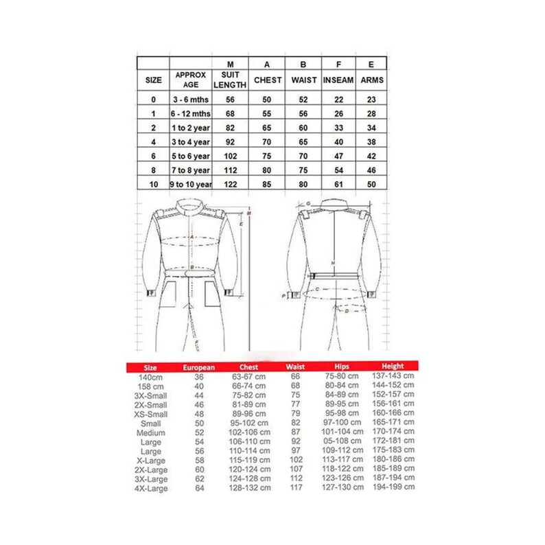 May include: A detailed chart with measurements for racing suits. The chart includes sizes, approximate ages, suit lengths, chest, waist, inseam, and arm measurements in inches. Also includes European sizes and metric measurements.