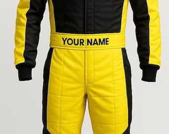 Custom Go-Kart Racing Suit: Yellow/Black, Sponsor Logos, Name & Flag