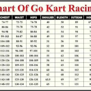May include: Size chart for go-kart racing suits, detailing measurements for various sizes. Includes chest, waist, hips, shoulder, and inseam measurements in inches, along with height ranges in inches.