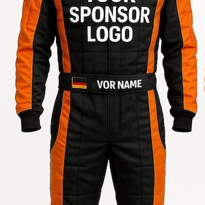 May include: Black and orange racing suit with the text "YOUR SPONSOR LOGO" in white on the chest. The suit has a black collar and cuffs, with a German flag emblem and the text "VOR NAME" on the belt.