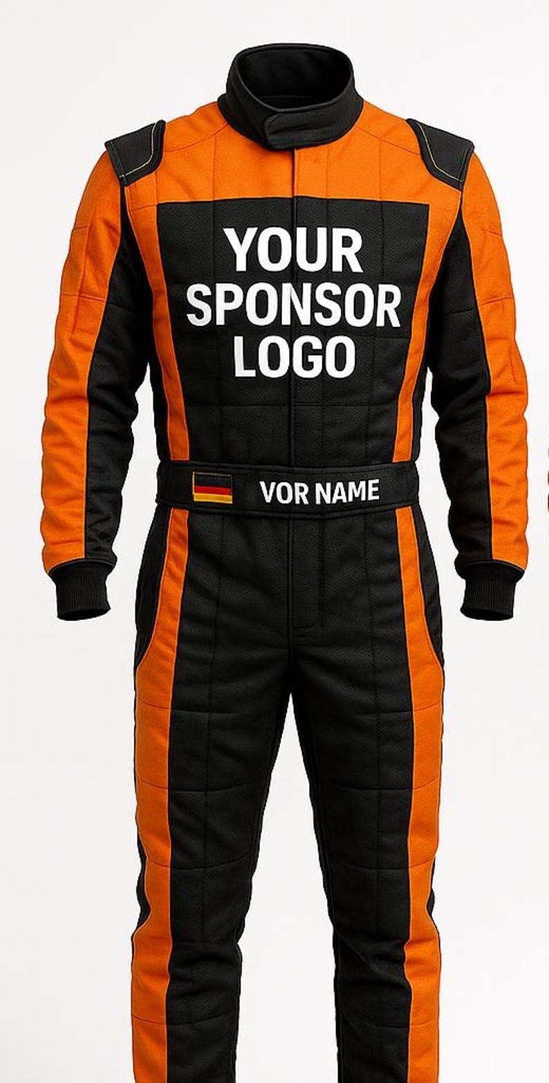 May include: Black and orange racing suit with the text "YOUR SPONSOR LOGO" in white on the chest. The suit has a black collar and cuffs, with a German flag emblem and the text "VOR NAME" on the belt.