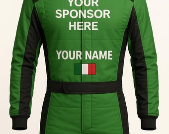 Custom Go-Kart Racing Suit: Green/Black, Sponsor Logos, Name & Flag