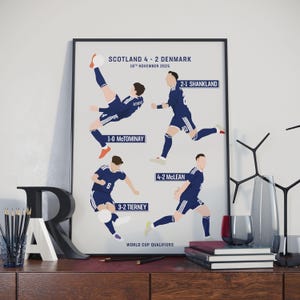 May include: A framed poster depicting a football match between Scotland and Denmark, with a final score of 4-2. The poster includes the date, 18th November 2025, and the names of the goalscorers. The words "World Cup Qualifiers" are at the bottom.