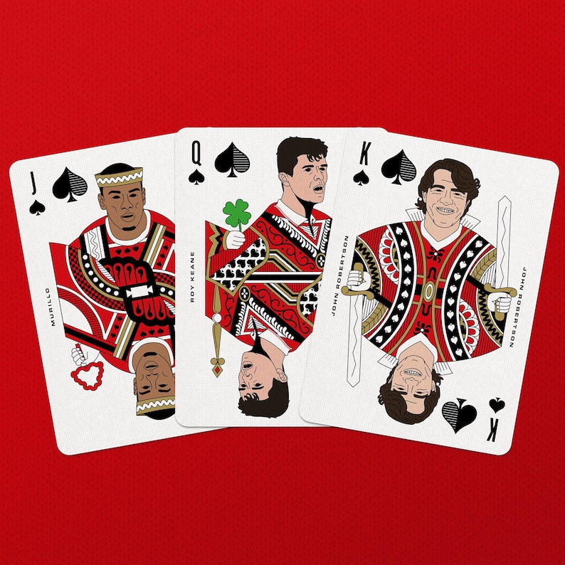 May include: Three playing cards featuring illustrations of people in red and white suits. The cards are the Jack of Spades, Queen of Spades, and King of Spades. The background is a solid red color.