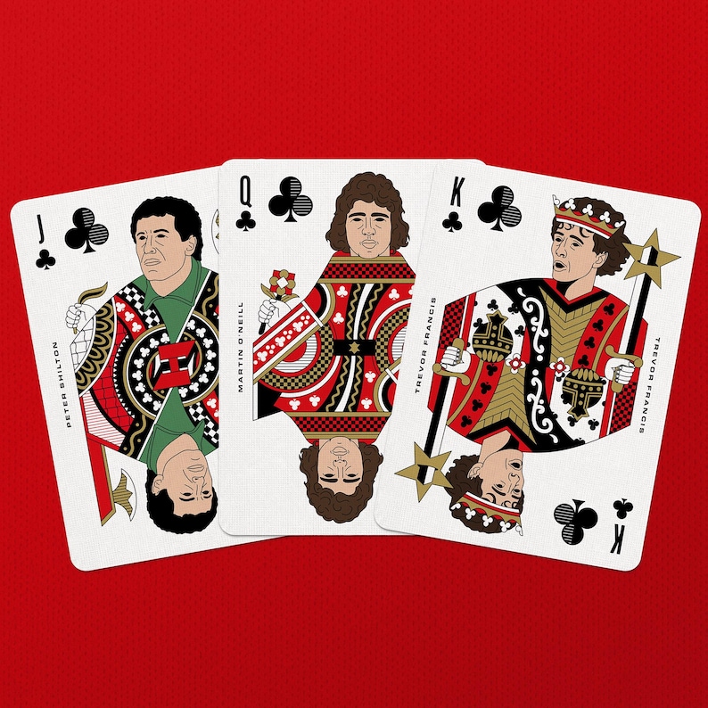 May include: Playing cards featuring illustrations of people on a red background. The cards are the Jack of Clubs, Queen of Clubs, and King of Clubs. Each card has a unique design with red, black, white, and gold accents. The names of the people are printed on the cards.