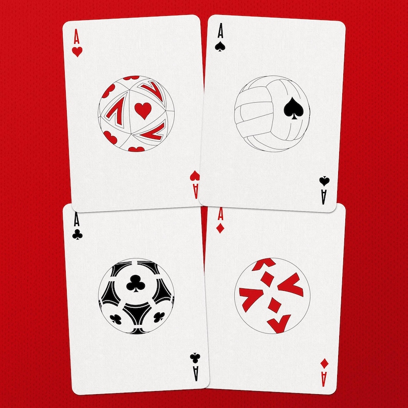 May include: Four playing cards, each featuring a white background and a red ace symbol. The cards display stylized sports ball designs: a soccer ball, a volleyball, a soccer ball, and a design with red shapes.