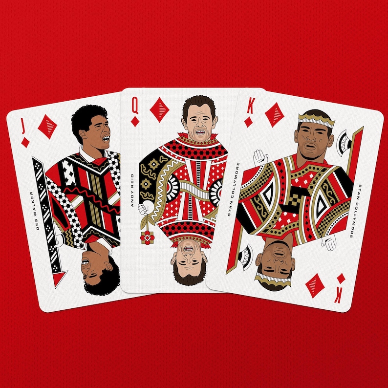 May include: Three playing cards featuring illustrations of people, with a red background. The cards are the Jack, Queen, and King of Diamonds. The Jack card features Des Walker, the Queen card features Andy Reid, and the King card features Stan Collymore.