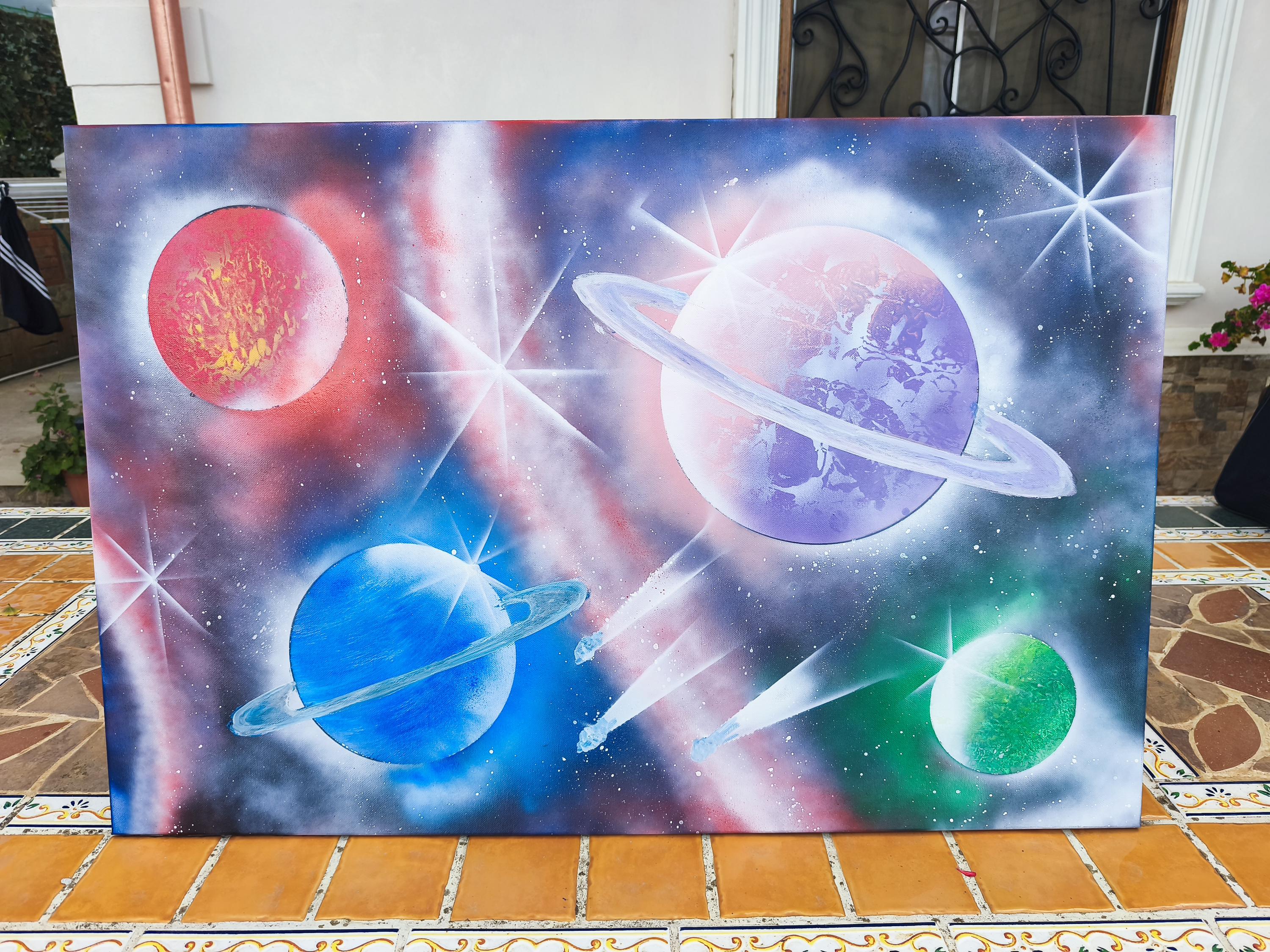 ブラスタ 5th Anniversary PAINTED PLANETS Universe Painting With Colorful Planets Using a Spray Can on 90x50