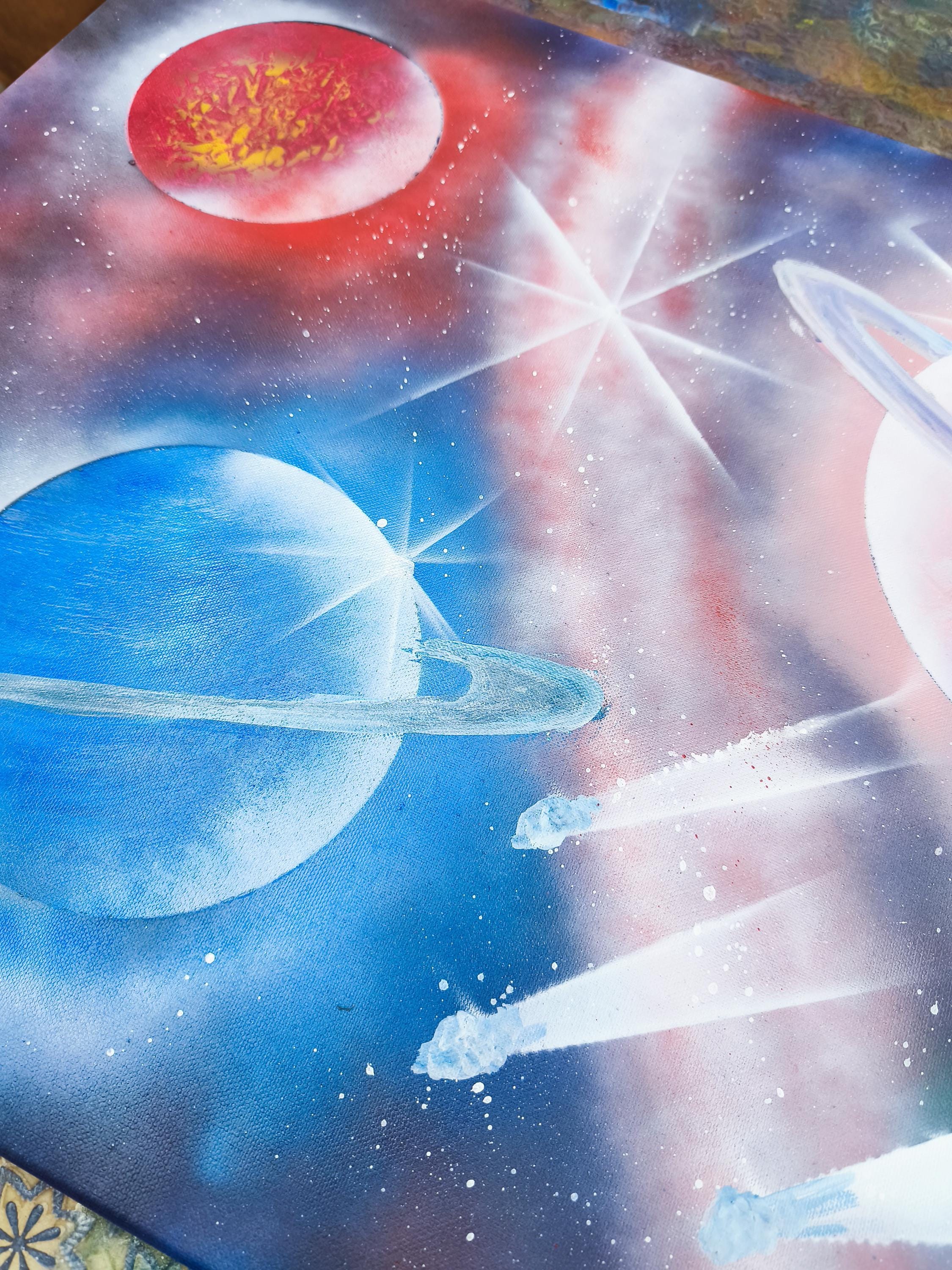 Universe Painting With Colorful Planets Using a Spray Can on 90x50