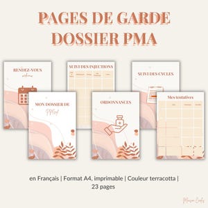 以下が含まれることがあります： PMA（生殖補助医療）追跡用に設計された、テラコッタ色の印刷可能なA4サイズのページセット。予約、注射、サイクルモニタリング、処方箋、試行のセクションが含まれています。デザインは、柔らかい抽象的な波模様と植物のアクセントが特徴です。