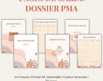May include: A collection of printable A4-sized pages in terracotta color, designed for PMA (Assisted Reproductive Technology) tracking. The pages include sections for appointments, injections, cycle monitoring, prescriptions, and attempts. The design features a soft, abstract wave pattern and botanical accents.