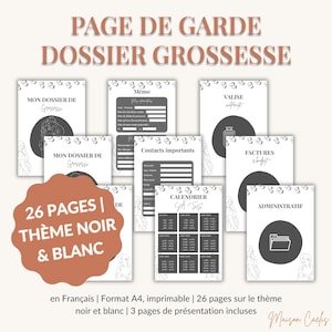 May include: A collection of printable pregnancy journal pages in black and white. The pages include sections for memos, important contacts, a calendar, and budget tracking. The cover page reads "Page de Garde Dossier Grossesse".