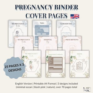 Pode incluir: Um conjunto de capas de encadernação de gravidez imprimíveis com vários designs. As capas incluem "My Pregnancy Book", "Notes", "Ultrasounds", "Hospital Bag", "Prescriptions", "Important Contacts" e "Birth Plan". O texto diz "25 páginas x 3 designs".