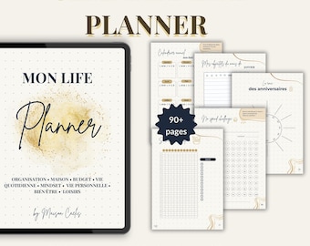 Puede incluir: Planificador digital con el texto "ULTIMATE LIFE PLANNER" y "MON LIFE Planner". Incluye páginas para organización, presupuesto y vida personal. El planificador tiene más de 90 páginas y está disponible en formato PDF.