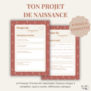 May include: A birth plan template in French, featuring the title "TON PROJET DE NAISSANCE". The design includes two pages with a reddish-brown background and floral patterns. The text includes sections for general information and labor details.