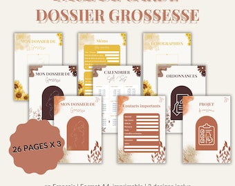 Può includere: Una raccolta di pagine di diario di gravidanza stampabili con il titolo "PAGE DE GARDE DOSSIER GROSSESSE". Le pagine presentano disegni ad acquerello in oro, marrone latte e terracotta, con accenti di girasoli e floreali. Include 26 pagine x 3 design.