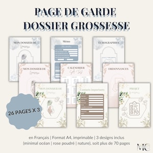 Puede incluir: Un conjunto de páginas imprimibles de diario de embarazo en francés, con varios diseños. Las páginas incluyen secciones para notas, calendarios, ecografías y contactos importantes. El diseño incorpora elementos azules y florales.